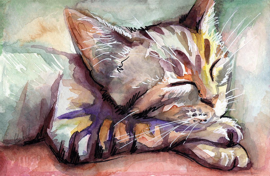 900x588 Sleeping Kitten Painting By Olga Shvartsur - Sleeping Cat Painting