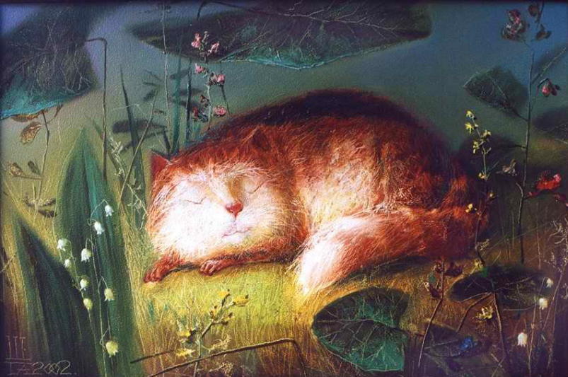 803x533 Sleeping Cat Painting. Gennadij Shlykov - Sleeping Cat Painting