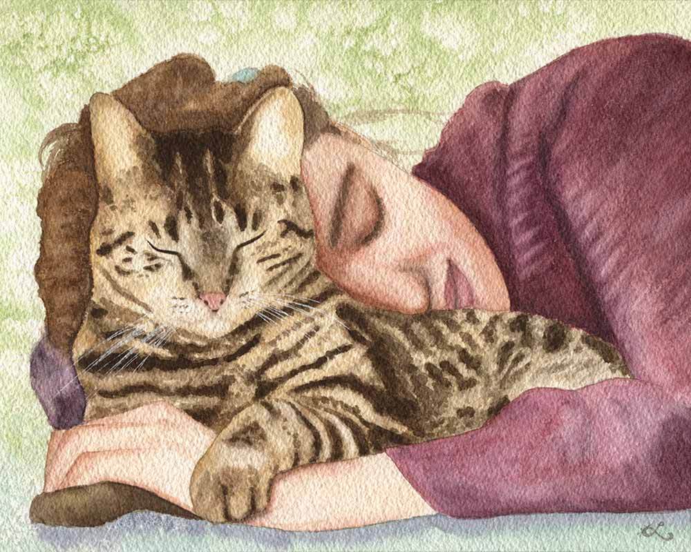 1000x800 Custom Watercolor Cat Painting Realistic Pet Art Cat Lady - Sleeping Cat Painting