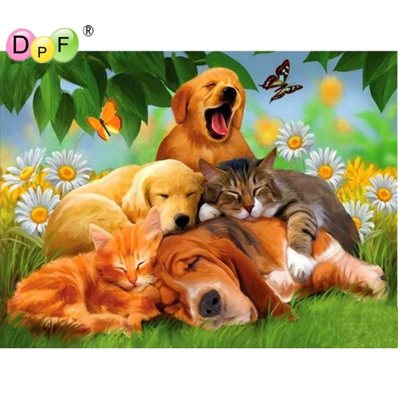 800x800 New Diamond Embroidery Sleeping Dogs And Cat Needlework Home Decor - Sleeping Dog Painting