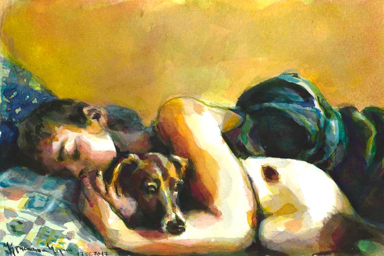 770x513 Saatchi Art Sleeping Boy And Dog Painting By Kristina Ugrin - Sleeping Dog Painting