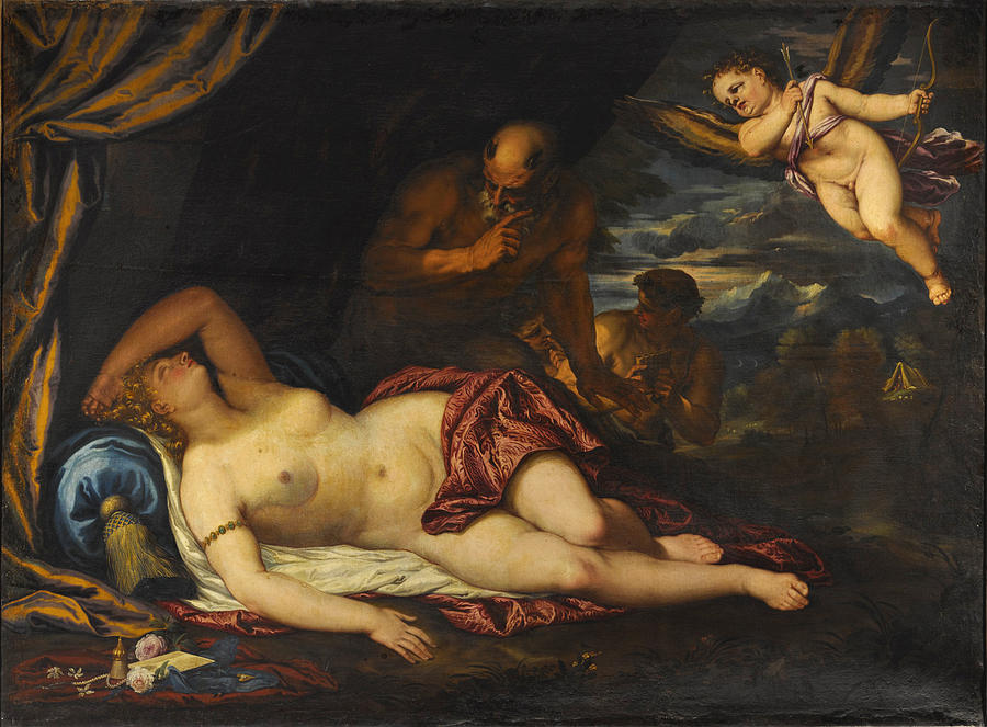 900x663 Sleeping Venus With Cupid And A Satyr A Landscape Beyond Painting - Sleeping Venus Painting