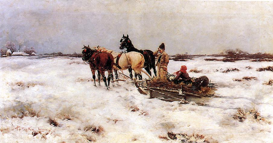 905x473 Horse Drawn Sleigh Painting Laszlo Pataky Oil Paintings - Sleigh Painting