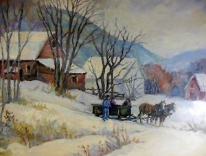 300x227 Signed Engen Oil Painting Winter Scene Sleigh Cart Wagon - Sleigh Painting