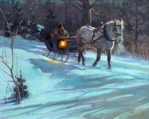 580x465 Midnight Ride Western Art Oil Painting Of Carriage Winter Sleigh - Sleigh Ride Painting