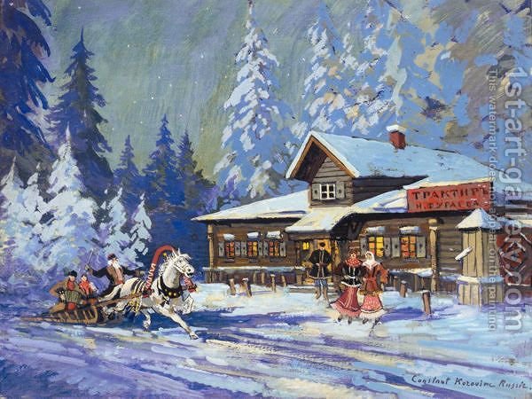 600x450 Sleigh Ride Through A Russian Village Konstantin Alexeievitch - Sleigh Ride Painting