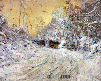 400x322 Sleigh Ride In Central Park Hassam Painting Reproduction 5240 - Sleigh Ride Painting