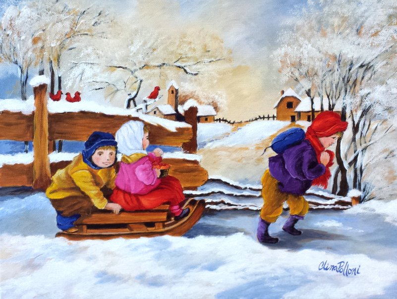 801x603 Children Sleigh Ride Clina Polloni - Sleigh Ride Painting