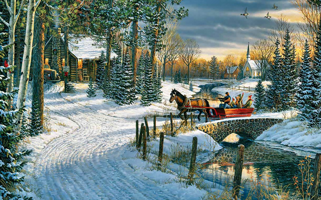 1280x800 Winter Sleigh Ride Equine Painting Animal Snow Winter Art Artwork - Sleigh Ride Painting