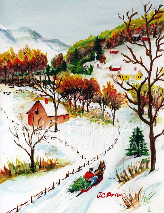550x714 Winter Sleigh Ride Mountain Christmas Scene - Sleigh Ride Painting