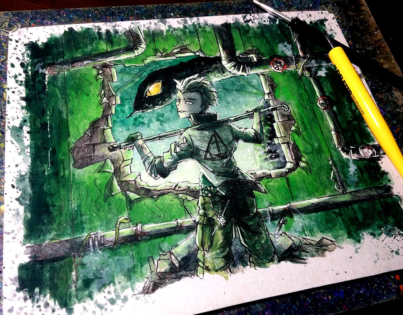 1381x1080 Watercolor Time Lapse Painting   Ink) - Slytherin Painting