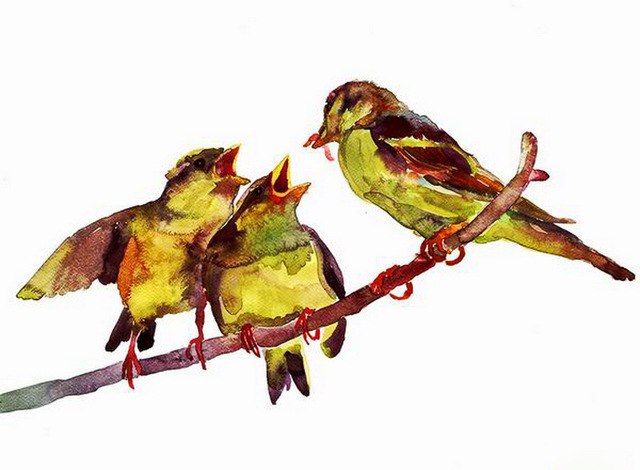 640x470 Handmade Painting Three Small Birds On Oil Canvas For Living Room - Small Bird Painting