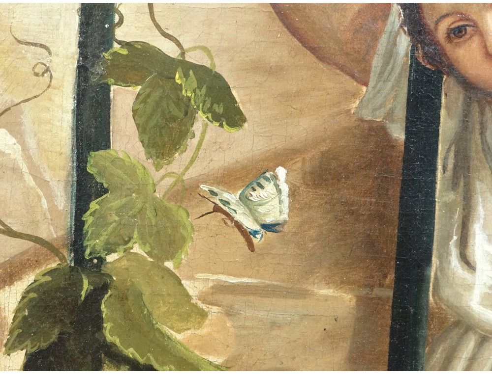 1000x762 Hst Panel Portrait Small Child Girl Butterfly Vine Naive Painting Xix - Small Butterfly Painting