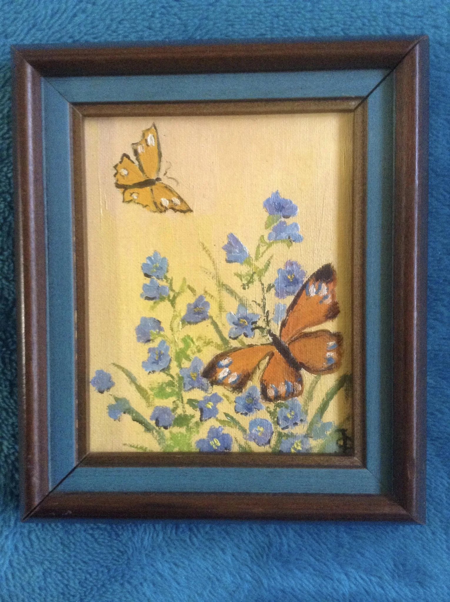 1530x2048 Small Butterfly And Moth Painting With Blue Wildflowers, Acrylic - Small Butterfly Painting