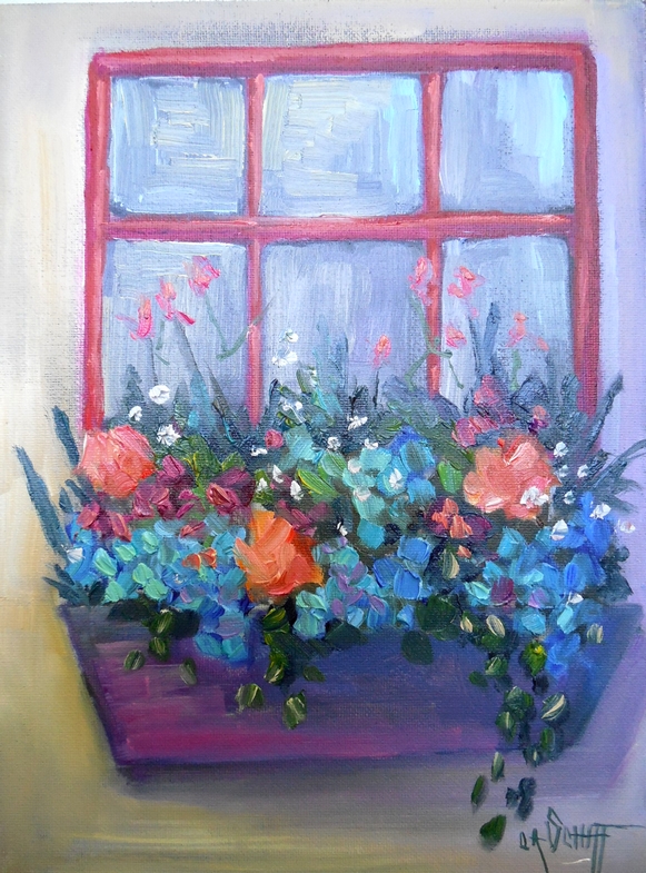 581x785 Palette Knife Painters, International Window Flower Box Painting - Small Flower Painting