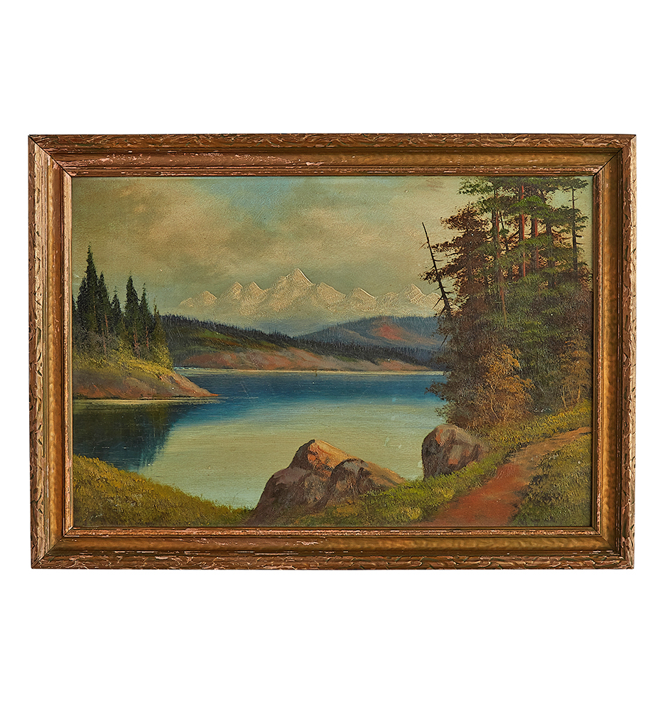 936x990 Small Oil Painting Of Lakeside Mountain W Original Frame - Small Oil Painting