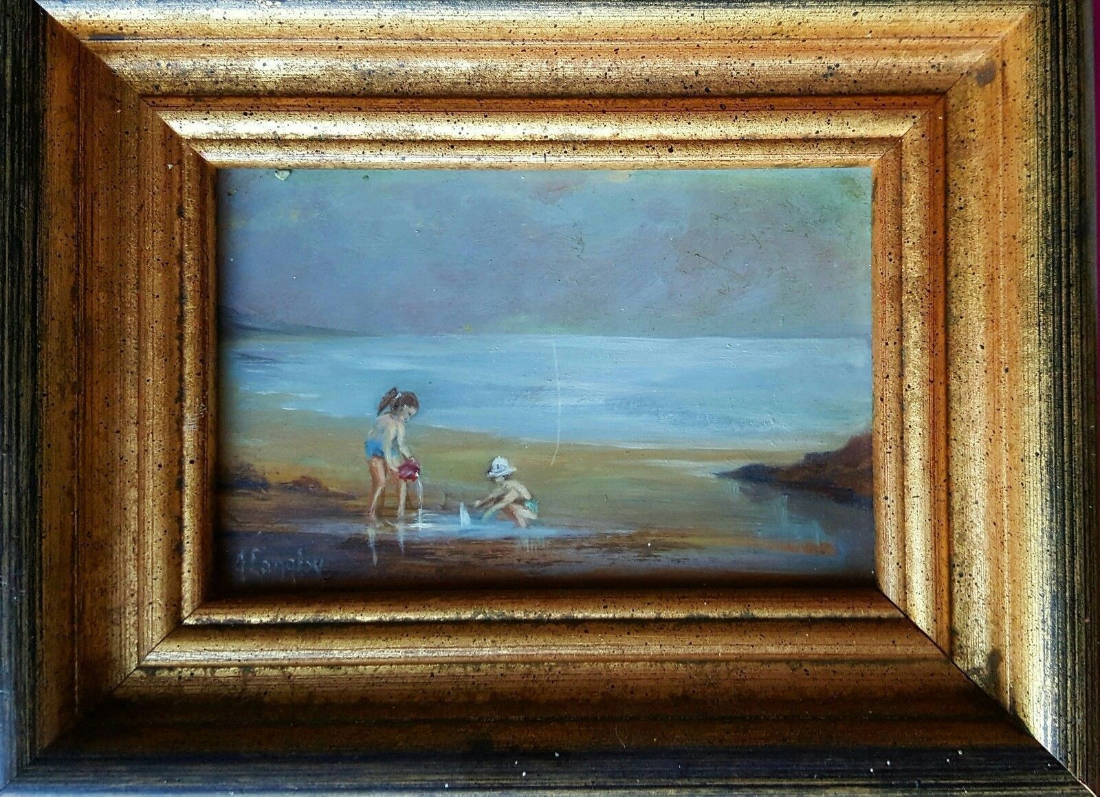 1600x1160 Small Oil Painting On Board Signed Children On Beach Seashore - Small Oil Painting