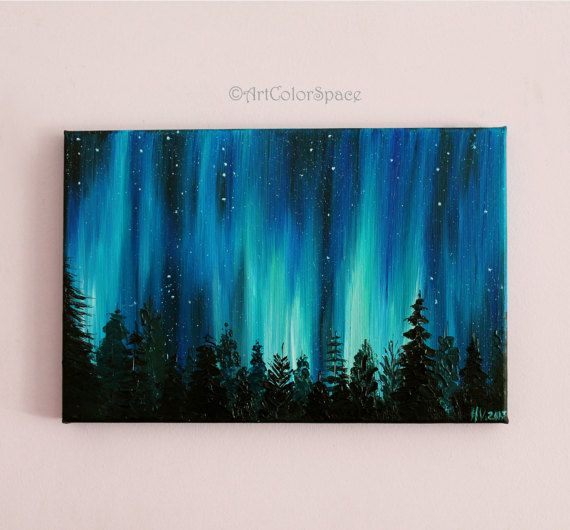 570x530 Small Galaxy Painting Valentines Day Night Sky Northern Lights - Small Painting