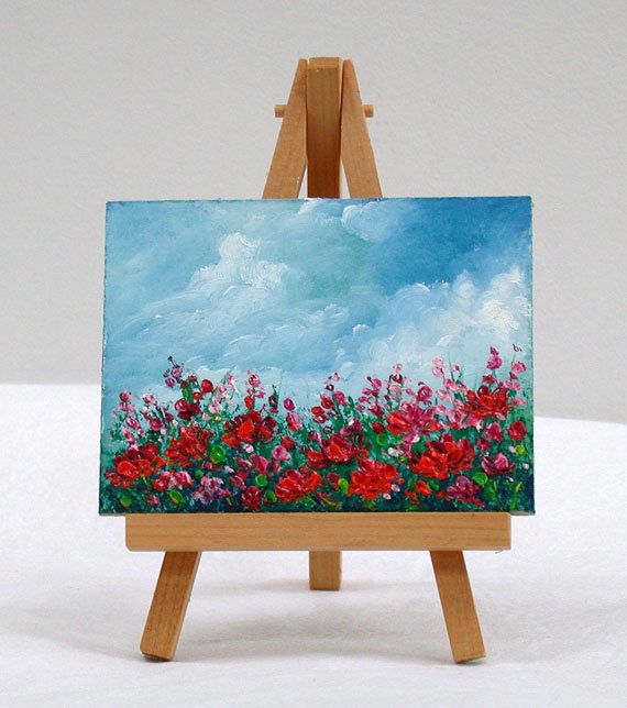 570x644 Field Of Poppies, 3x4, Original Oil Painting, Sky, Flowers, Art - Small Painting