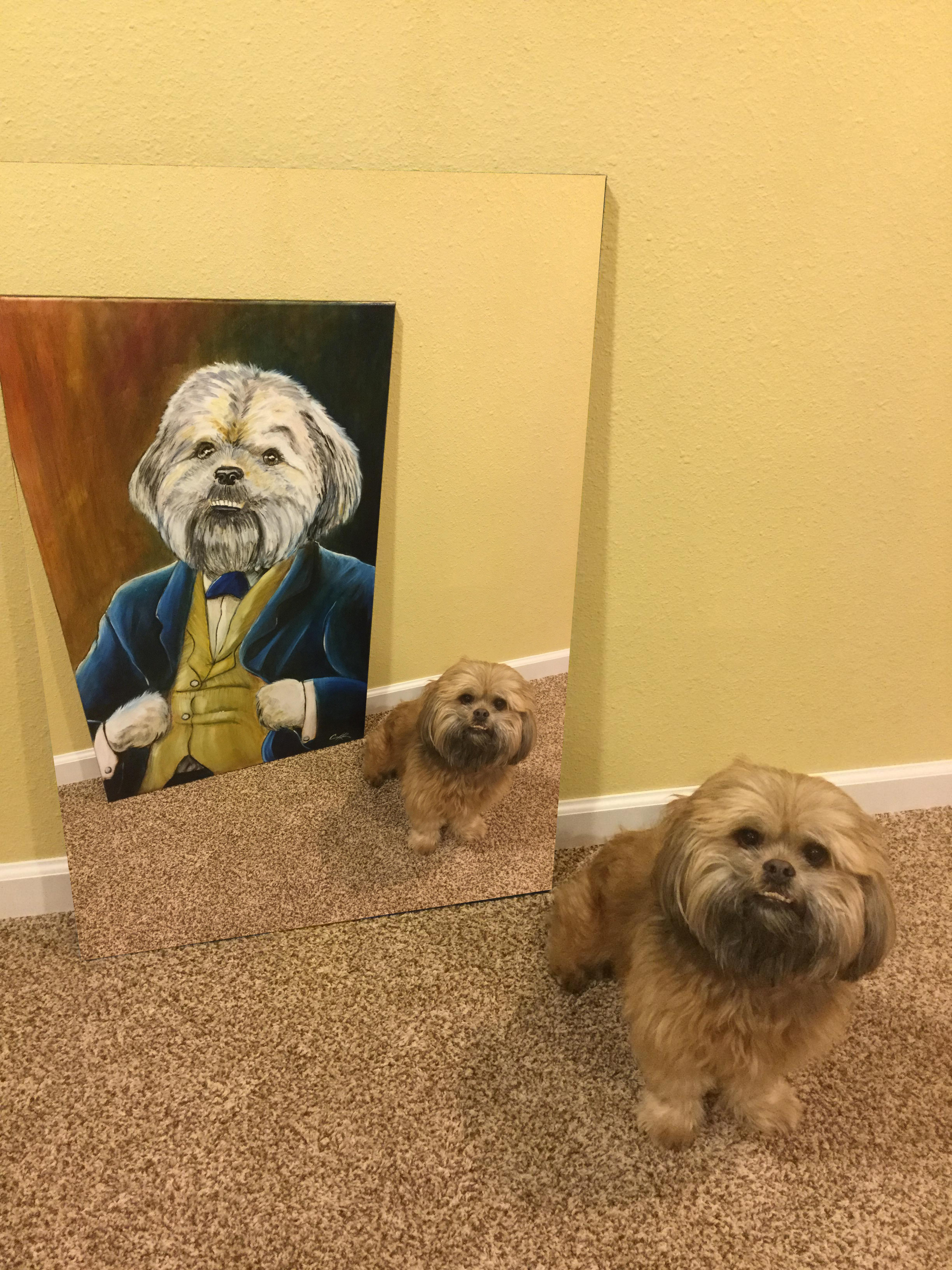 2448x3264 Psbattle Dog Standing Next To A Portrait Painting Of Itself - Smiling Dog Painting