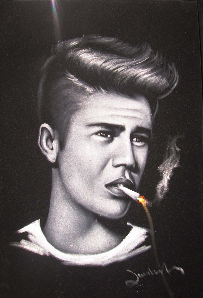 700x1024 Justin Bieber Portrait Smoking Original Oil Painting On Black - Smoking Painting