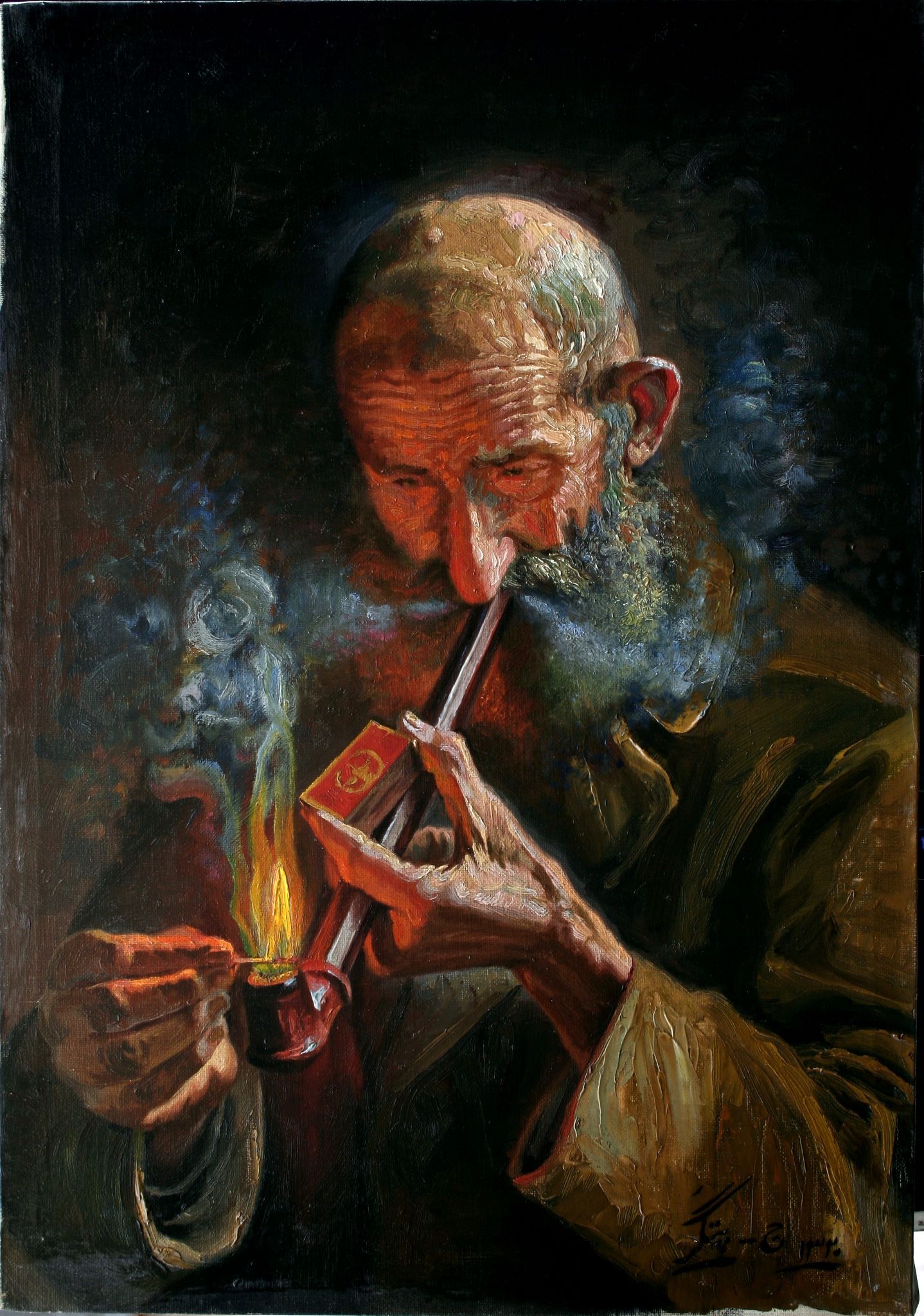 1438x2048 Old Man Smoking Pipe Oil Painting On Canvas - Smoking Painting