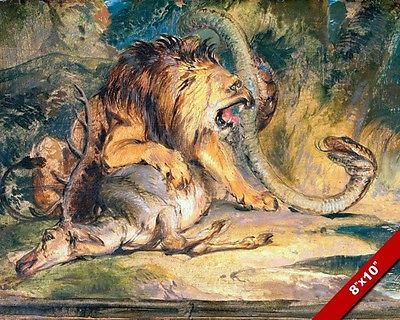 400x320 Lion Defending Prey From Large Snake Oil Painting Art Real Canvas - Snake Oil Painting