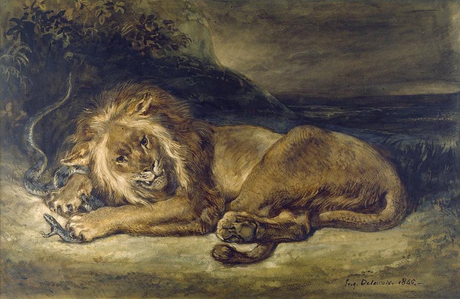 900x585 Lion And Snake Painting By Eugene Delacroix - Snake Oil Painting
