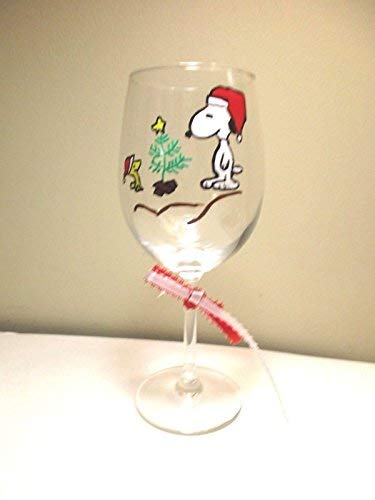 375x500 Hand Painted Wine Glass Snoopy, Christmas Tree With Woodstock - Snoopy Christmas Painting