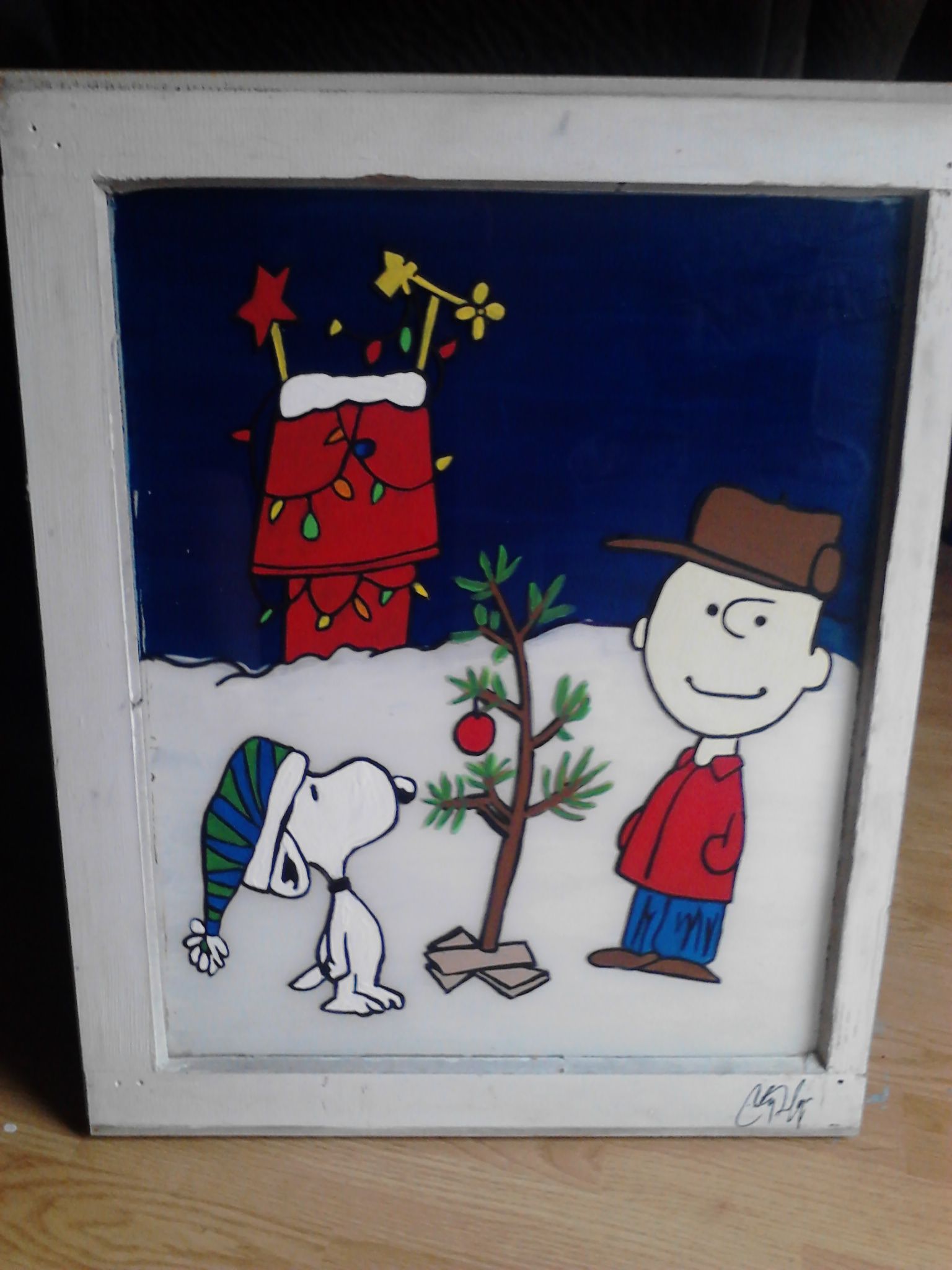 1536x2048 Hand Painted Vintage Window, Charlie Brown, Snoopy, Christmas - Snoopy Christmas Painting