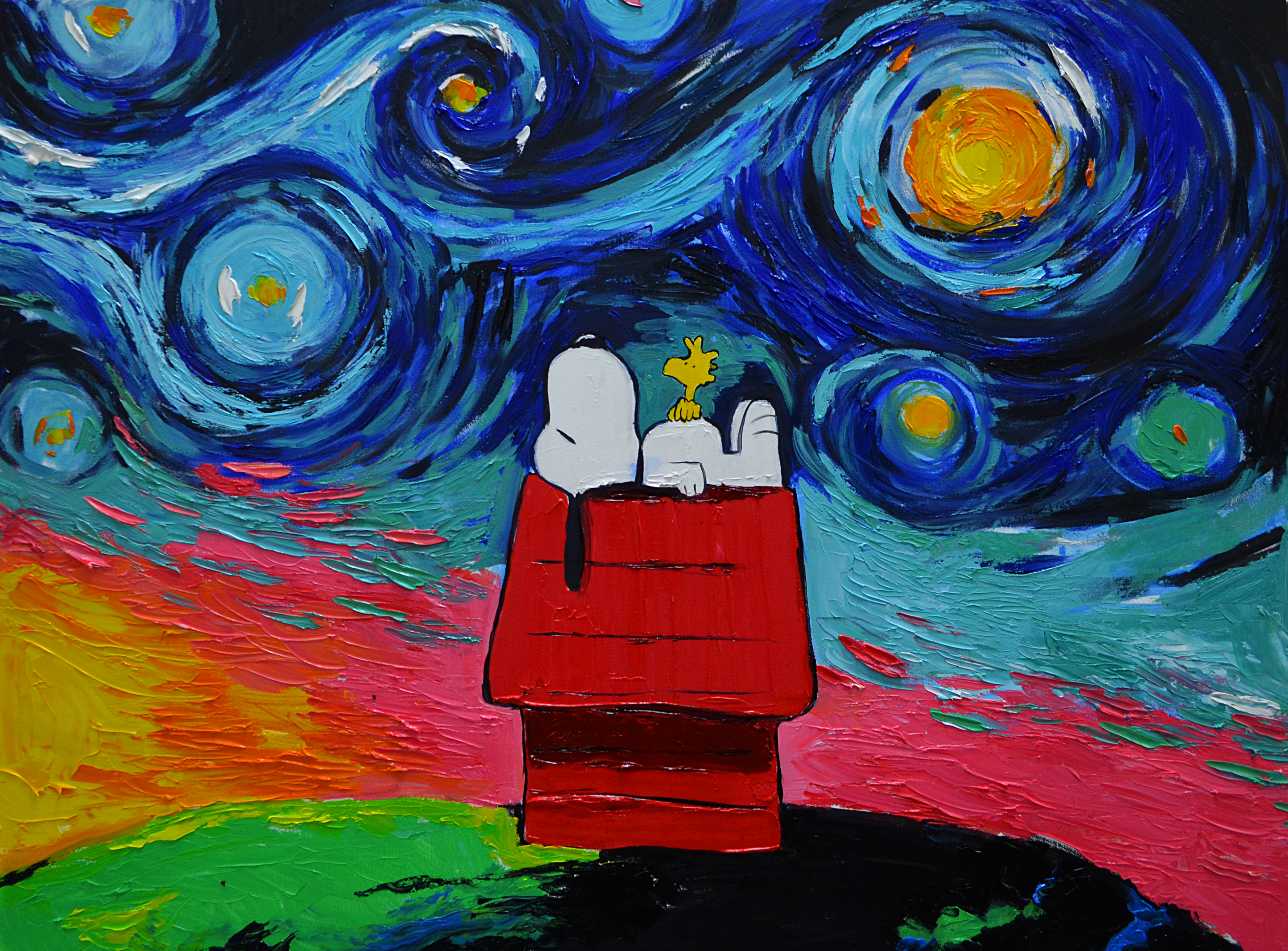 3801x2808 Snoopy Themed Original Oil Painting The Peanuts Movie Design Gift - Snoopy Painting