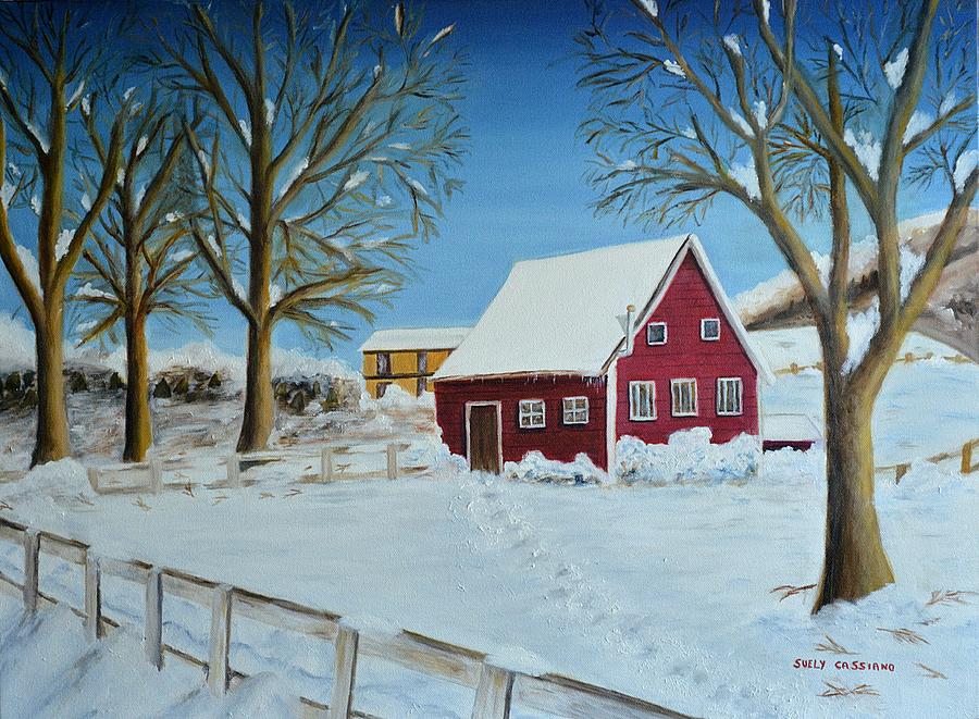 900x661 Snow Day By The Red House Painting By Suely Cassiano - Snow Day Painting