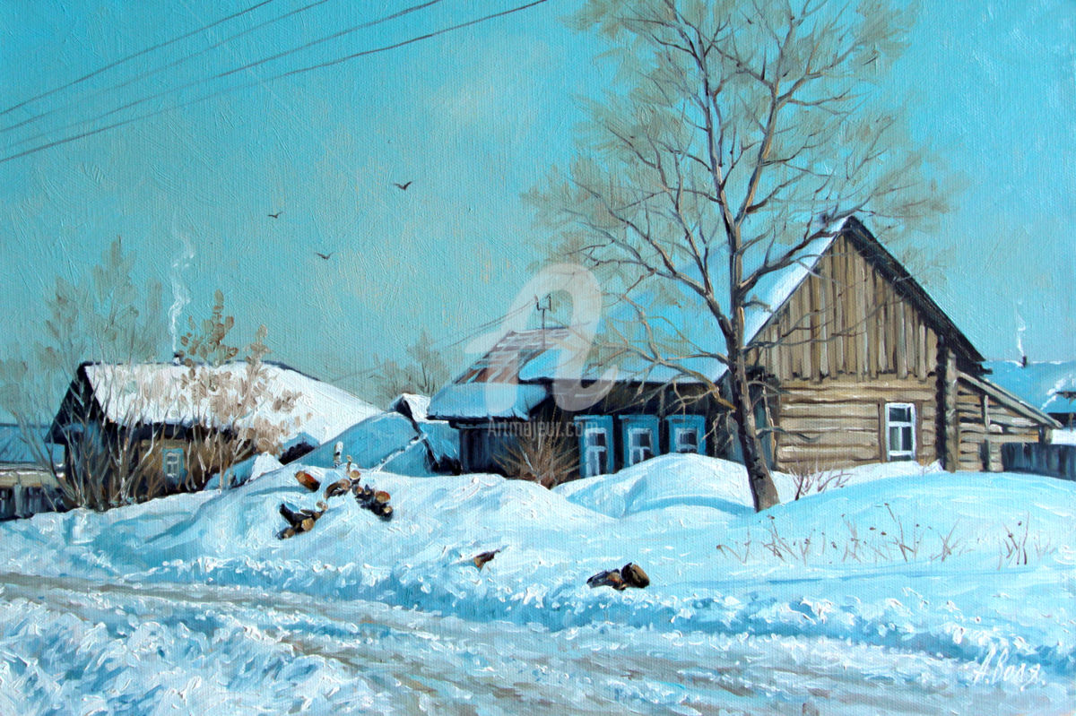1200x799 Village Winter Day (Alexander Volya) - Snow Day Painting