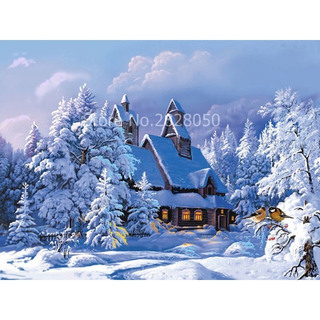 640x640 Snow Forest House Landscape Interesting Diy Painting By Numbers - Snow Forest Painting
