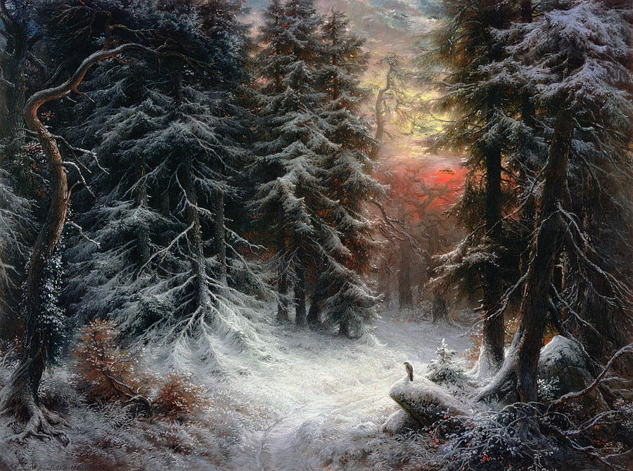 900x670 Snow Scene In The Black Forest Painting By Carl Friedrich Wilhelm - Snow Forest Painting
