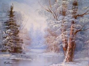 300x225 Vintage Winter Wintry Snow Forest Creek Landscape Framed Oil - Snow Forest Painting