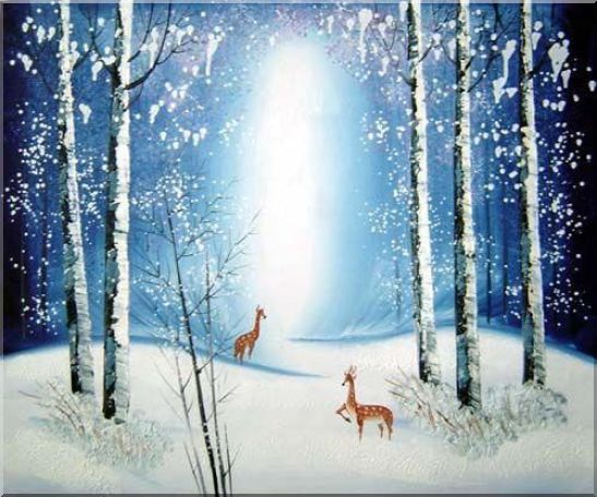 547x456 Framed Deer In Winter Snow Forest In Moonlight Oil Painting Animal - Snow Forest Painting