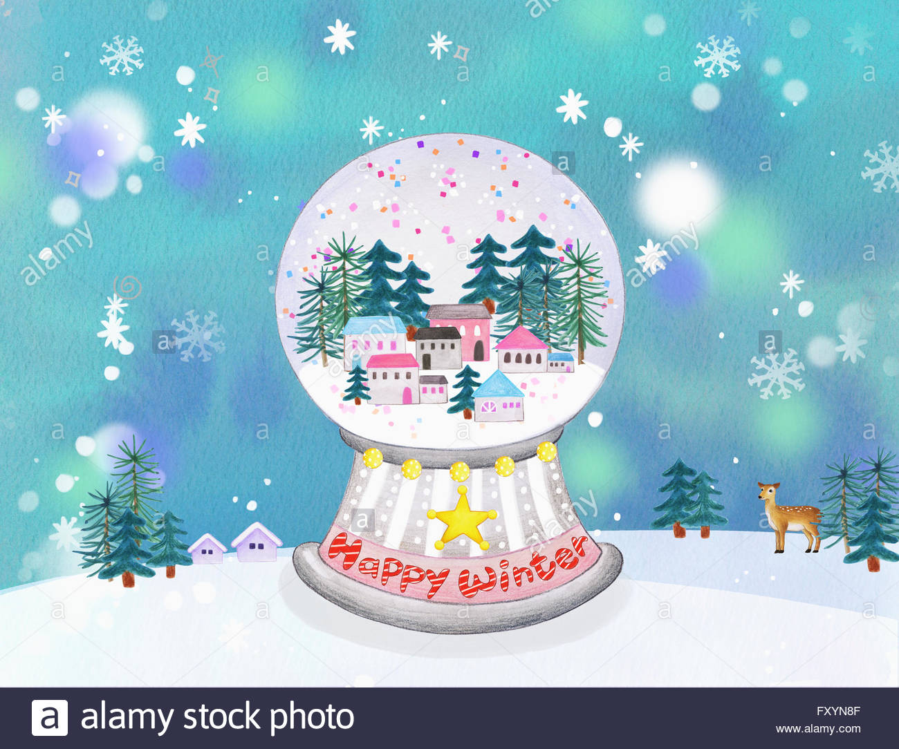 1300x1084 Snow Globe Image With A Message Happy Winter Representing - Snow Globe Painting