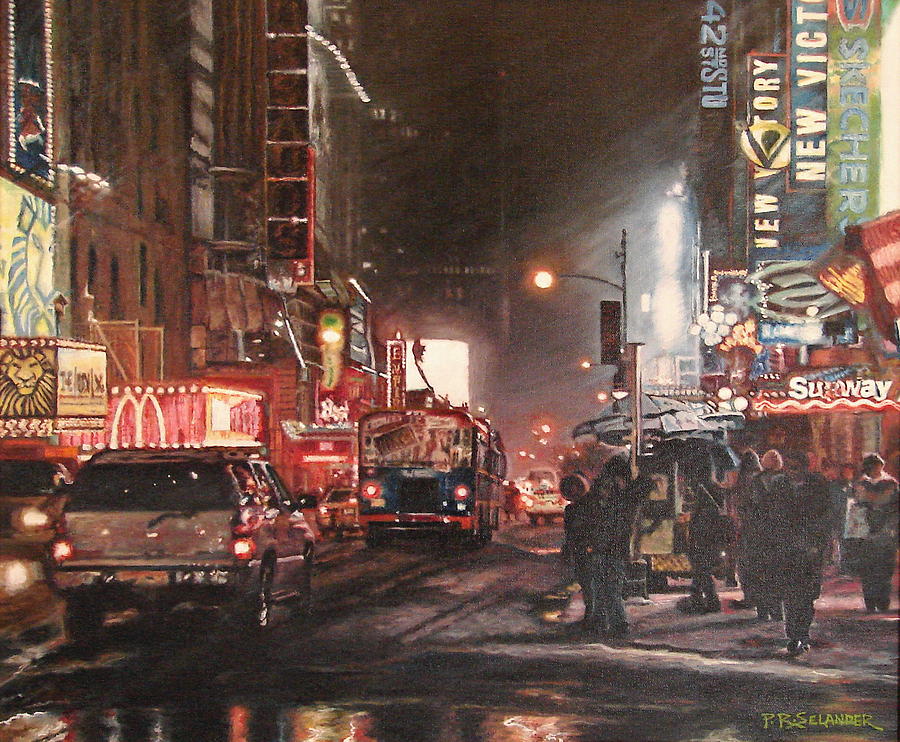 900x742 New York Night Lights In Snow Painting By Peggy Selander - Snow In New York Painting