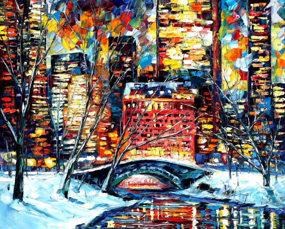 570x458 Snow In New York Palette Knife Cityscape Bright Home Decor - Snow In New York Painting