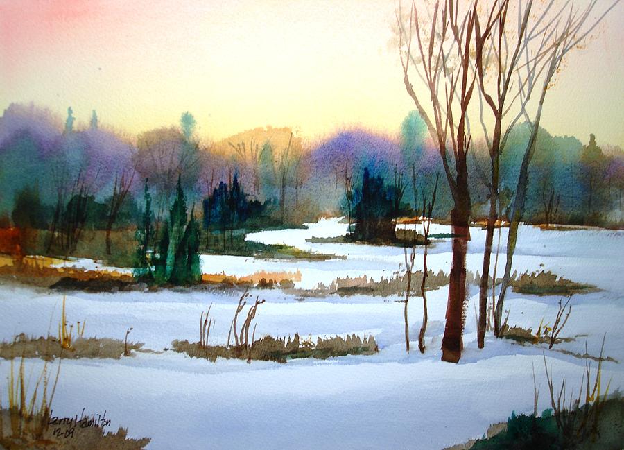 900x649 Snowy Landscape Scene Painting By Larry Hamilton - Snow Landscape Painting