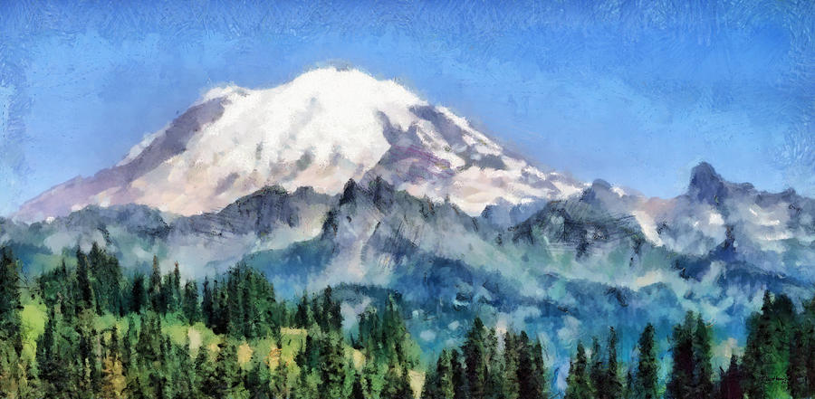 900x441 Snow Capped Mountain Painting By Russ Harris - Snow Mountain Painting