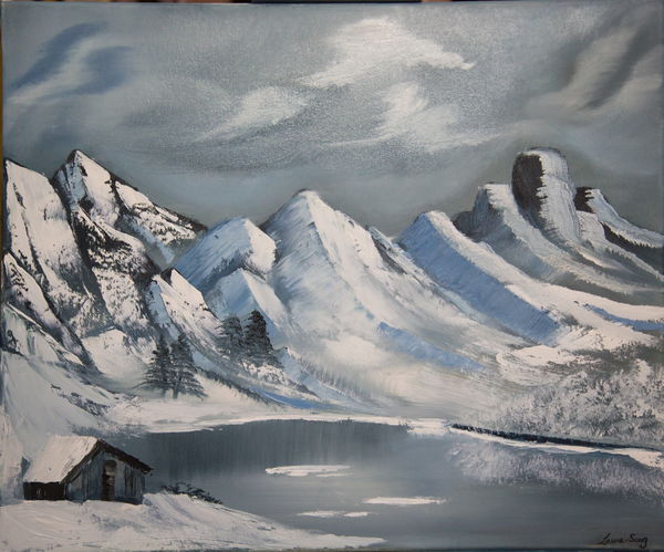 600x499 Origional Peaceful Landscape Oil Painting The World Of Gray (Snow - Snow Mountain Painting