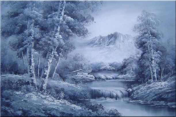 612x408 Cascade Under Snow Mountain In Black And White Oil Painting - Snow Mountain Painting