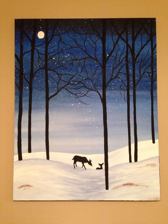 570x760 Winter Painting,snow Painting,deer Painting,blue Painting,snow - Snow Tree Painting