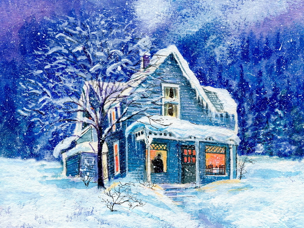 1024x768 Painting Winter Snowfall Seasons (Id 119780) - Snowfall Painting