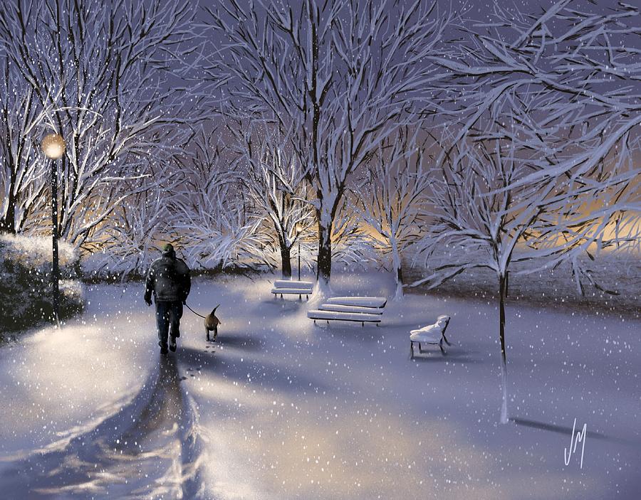 900x703 Walking In The Snow Painting By Veronica Minozzi - Snowfall Painting