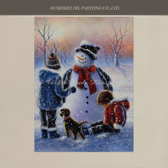 640x640 Handmade Wallrt Oil Painting Pictures Two Kidsnd Dog Make - Snowman Canvas Painting