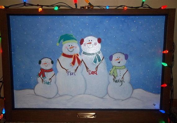 570x397 Personalized Family Snowmen Painted On Vintage Window. Custom - Snowman Family Painting