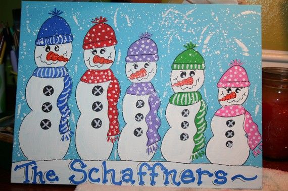 570x379 Hand Painted Snowman Family Personalized Canvas Art Wall Door - Snowman Family Painting